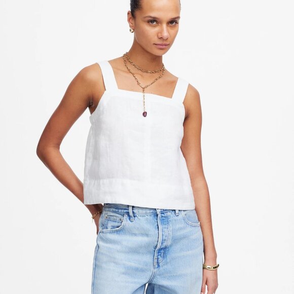Madewell Contrast-Stitch Squareneck Top in 100% Linen in Salt, Size Small - Picture 1 of 9